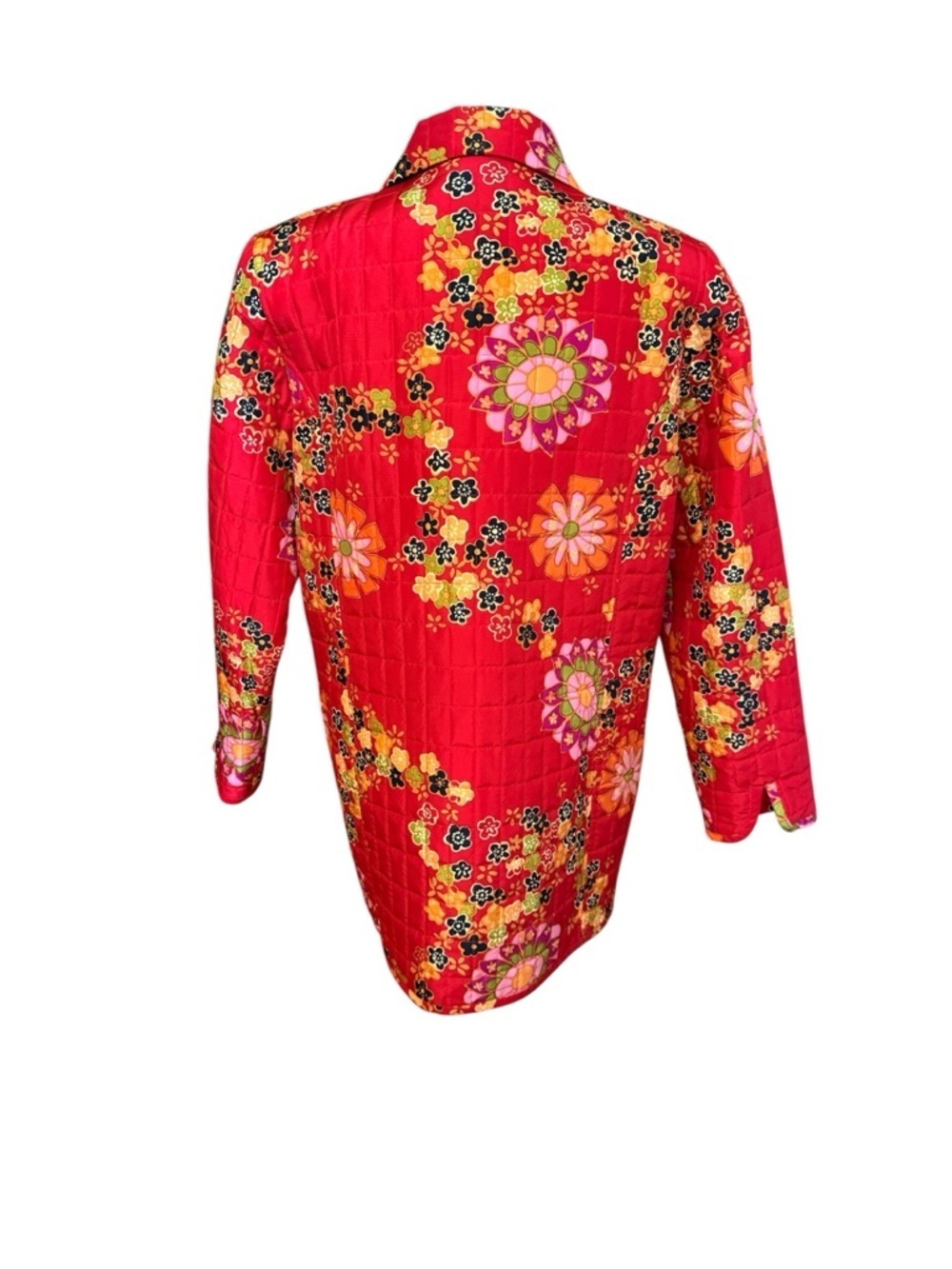 100% Silk Shell Red Quilted Floral Button-Down Jacket - Picture 3 of 7